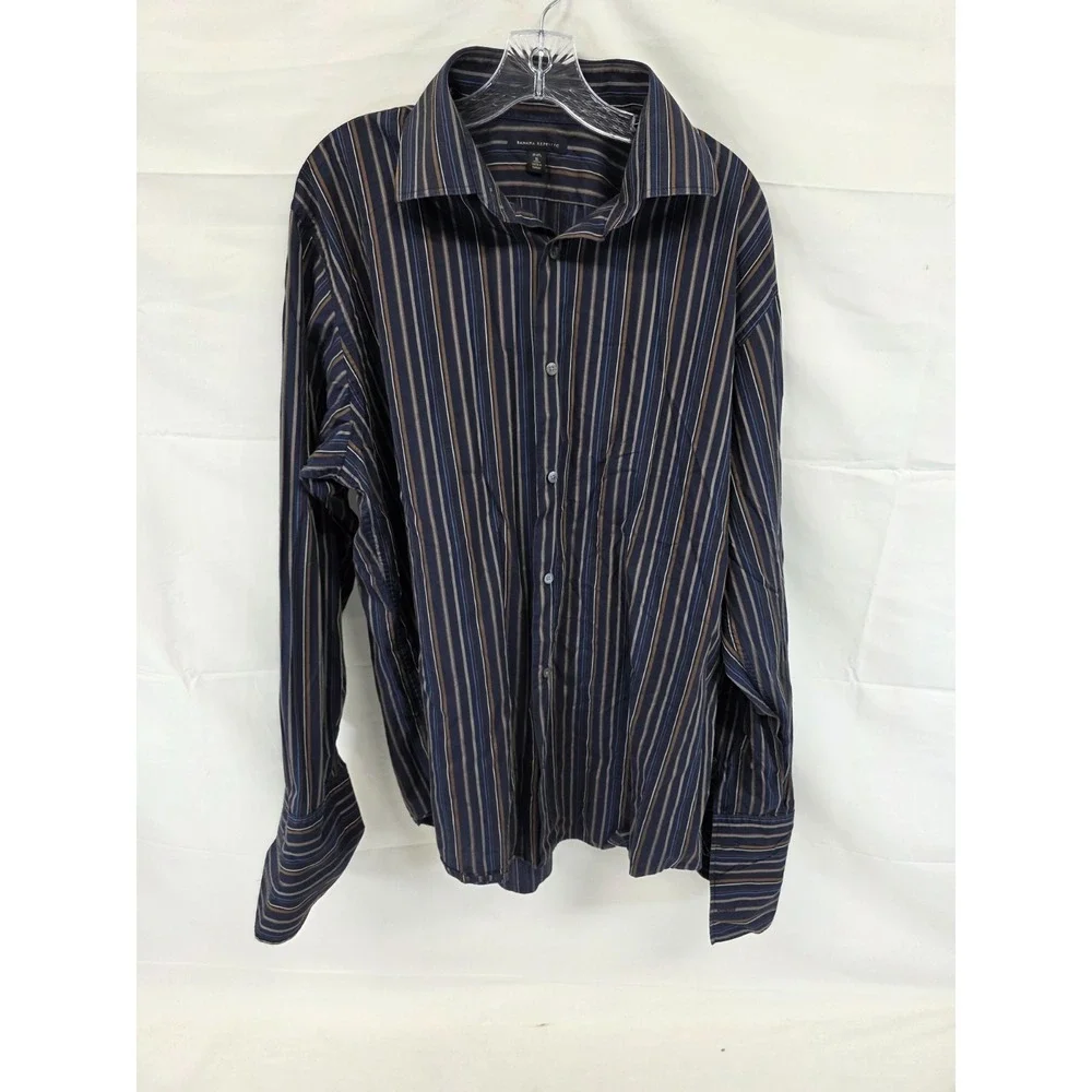 Banana Republic Mens XL Stripe Button Down Shirt Navy Blue Brown Long Sleeve